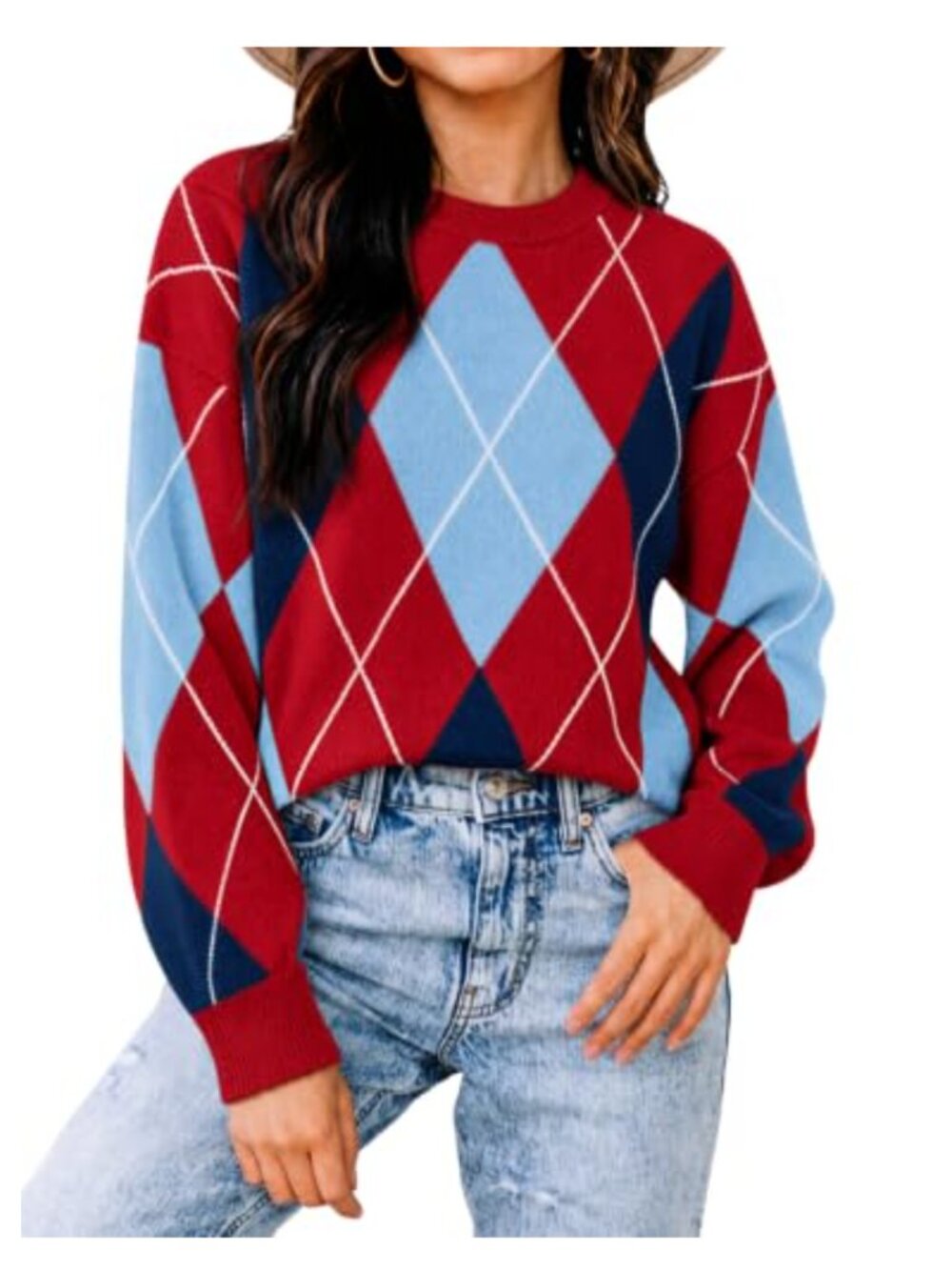 Women's Argyle Crew Neck Sweater - Vintage Knit Long Sleeve